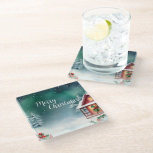 Watercolor merry wild Xmas Pine tree Holiday party Glass Coaster