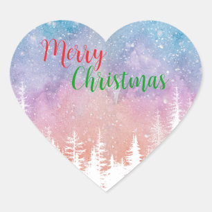 Watercolor merry wild Xmas Pine tree Holiday party Heart Sticker