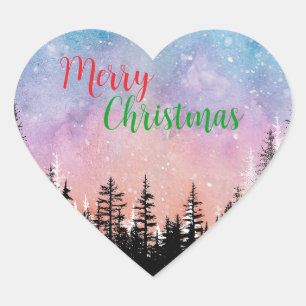 Watercolor merry wild Xmas Pine tree Holiday party Heart Sticker