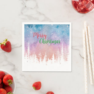 Watercolor merry wild Xmas Pine tree Holiday party Napkin