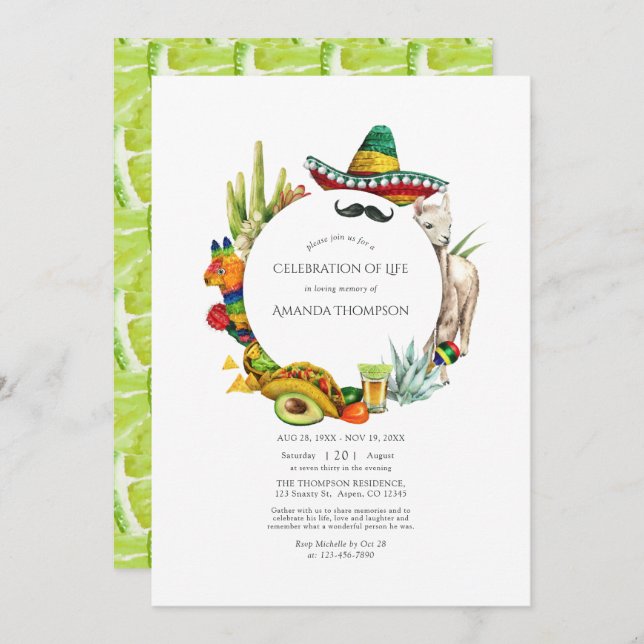 Watercolor Mexican Fiesta Celebration of Life Invitation (Front/Back)