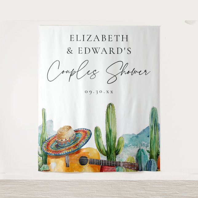 Watercolor Mexican Fiesta Couples Shower Backdrop Tapestry (Front)
