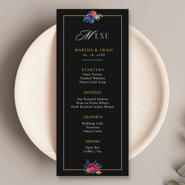 Watercolor Mexican Fiesta Flower Black Wedding Menu (Creator Uploaded)