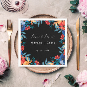 Watercolor Mexican Fiesta Flower Wedding Black Napkin
