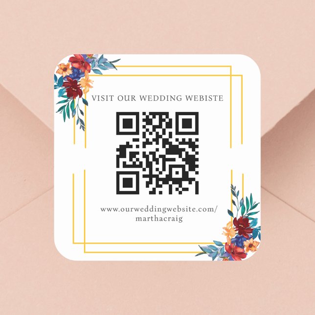 Watercolor Mexican Fiesta Flower Wedding QR Code Square Sticker (Creator Uploaded)