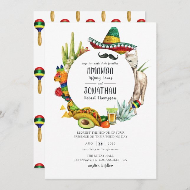 Watercolor Mexican Fiesta Wedding Invitation (Front/Back)