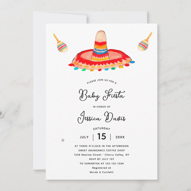 Watercolor Mexican Sombrero Baby Shower Fiesta Invitation (Front)
