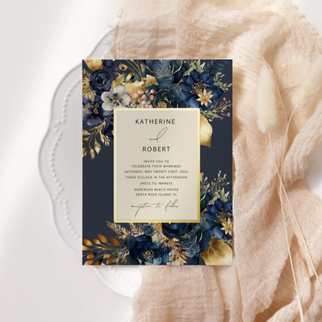 Watercolor Midnight Blue Gold Floral Wedding (Creator Uploaded)