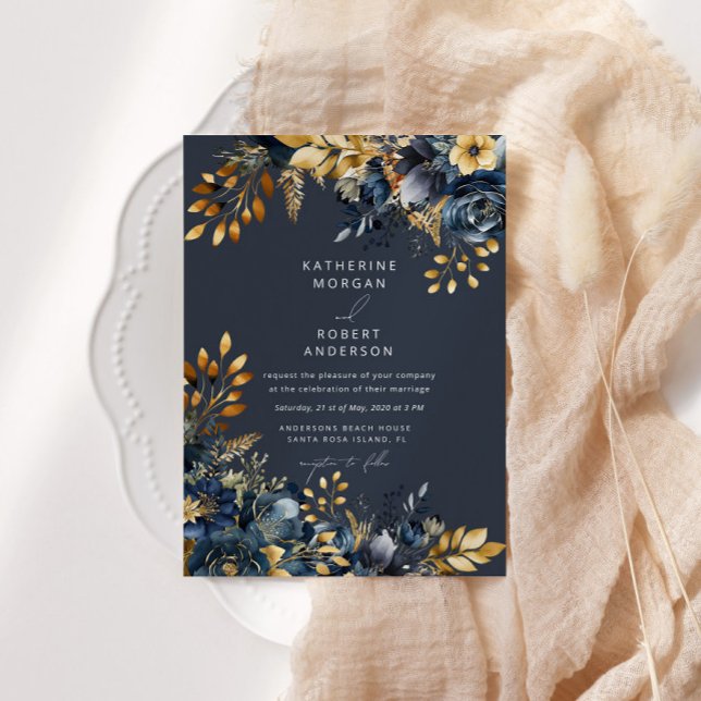 Watercolor Midnight Blue Gold Floral Wedding Invitation (Creator Uploaded)