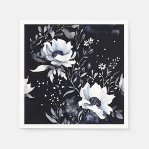 Watercolor Midnight Floral Symphony in Black Napkin