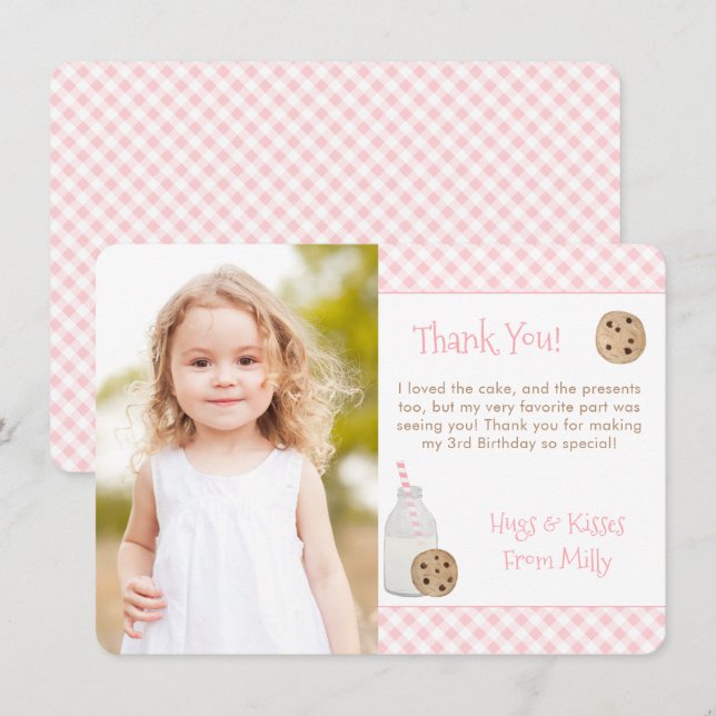 Watercolor Milk And Cookies Birthday Party Photo Thank You Card (Front/Back)