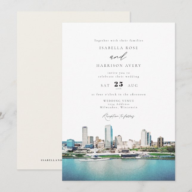 Watercolor Milwaukee Wisconsin Skyline Wedding Invitation (Front/Back)