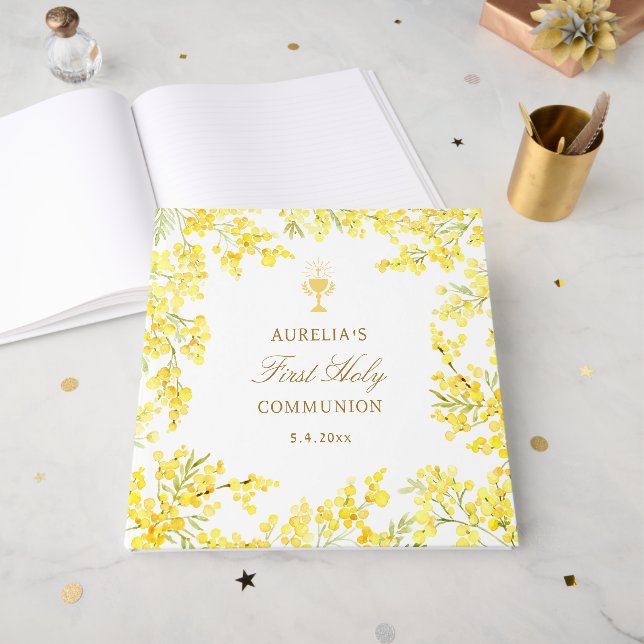 Watercolor Mimosa First Communion Guest Book (Front Open)