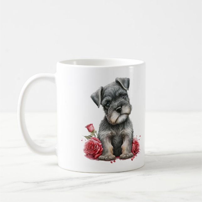 Watercolor Miniature Schnauzer With Red Roses Coffee Mug (Left)