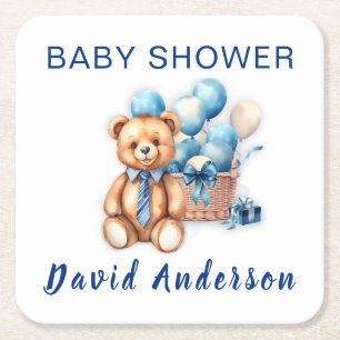 Watercolor minimalist baby shower boy square paper coaster