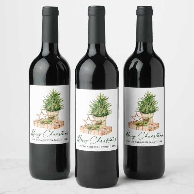 Watercolor Minimalist Christmas Calligraphy Ink Wine Label (Bottles)