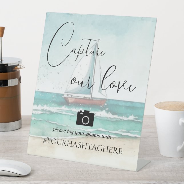 Watercolor minimalist cruise wedding tabletop pedestal sign (In SItu)