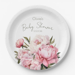 Watercolor minimalist elegant peonies baby shower paper plate