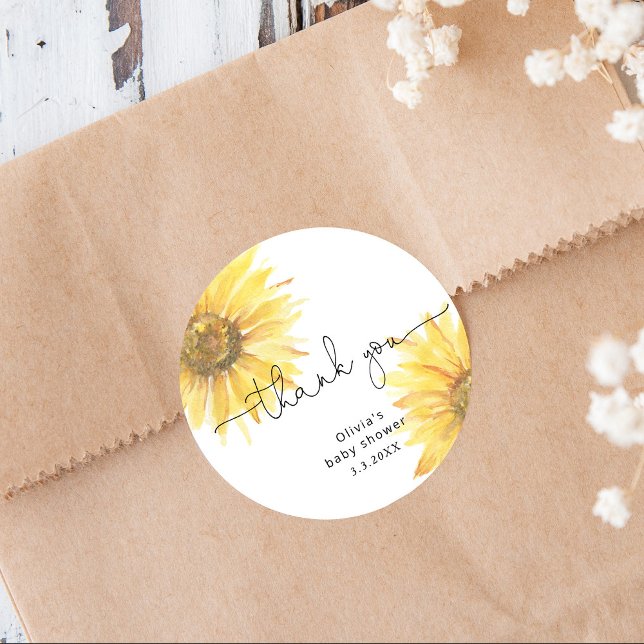 Watercolor minimalist sunflower baby shower classic round sticker (Creator Uploaded)