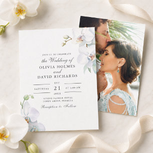Watercolor Minimalist White Orchid Photo Wedding Invitation