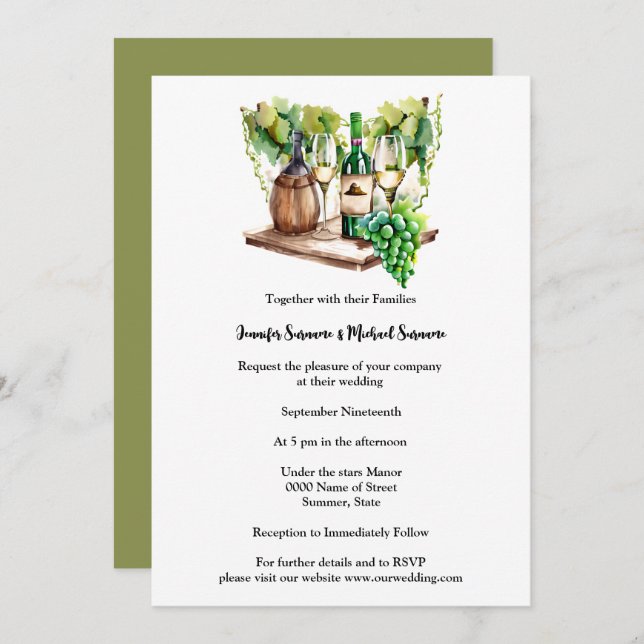 Watercolor minimalist wine bottles grapes country invitation (Front/Back)