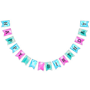 Watercolor Mint Aqua and Pink Birthday Bunting