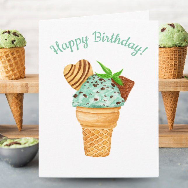 Watercolor Mint Chocolate Ice Cream Happy Birthday Card (Creator Uploaded)
