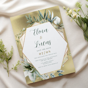 Watercolor mint gold foliage geometric wedding invitation