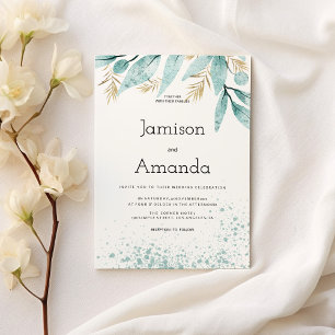 Watercolor mint green gold foliage Wedding Invitation