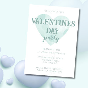 Watercolor Mint Green Hearts Valentines Day Party Invitation
