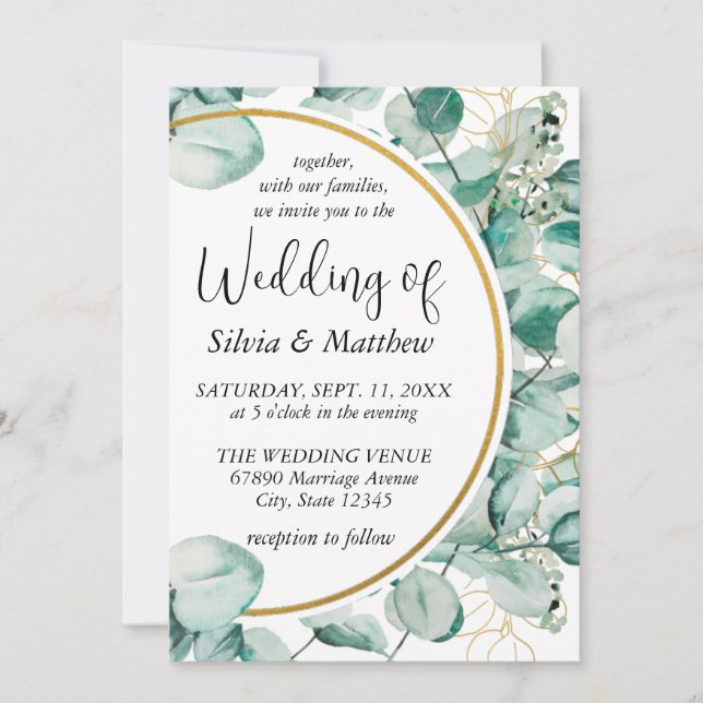 Watercolor Mint Green Leaves Wedding Invitation (Front)
