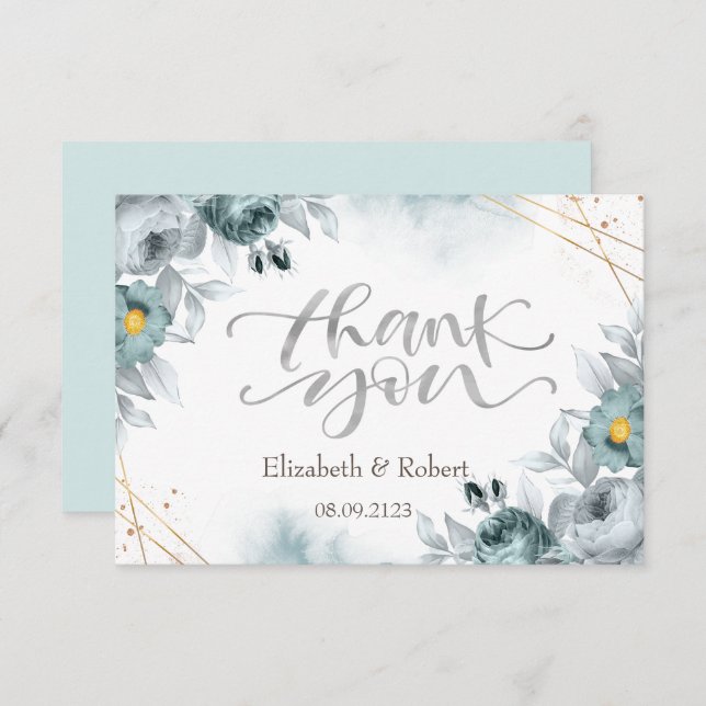 Watercolor Mint Green Roses Thank You Card (Front/Back)