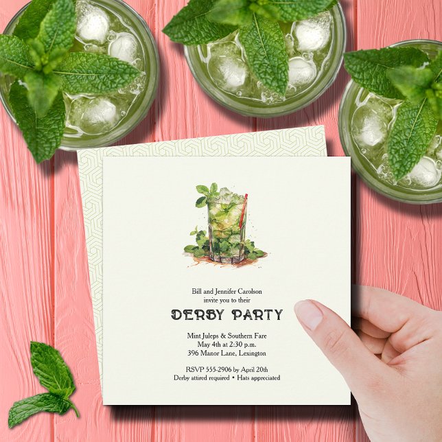 Watercolor Mint Julep Derby Invitation (Watercolor Mint Julep Derby Party Square Invitations)