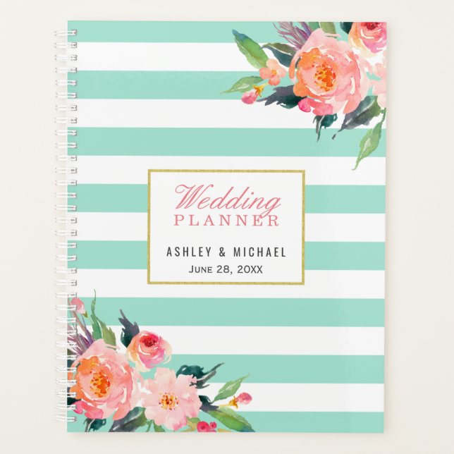 Watercolor Mint Stripes Floral Wedding Planner (Front)