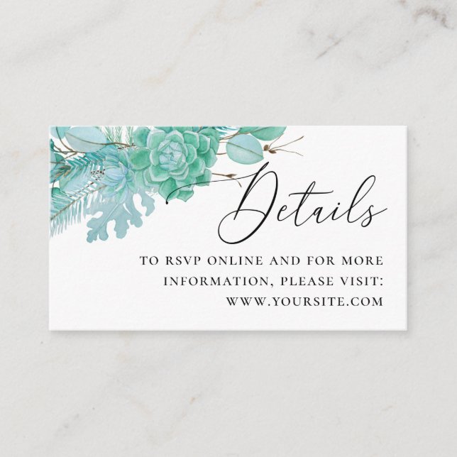 Watercolor mint succulents wedding details + QR Enclosure Card (Front)