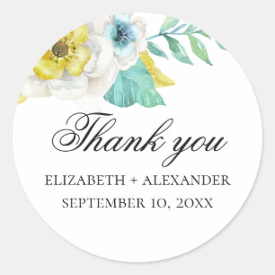 Watercolor mint yellow floral wedding thank you classic round sticker
