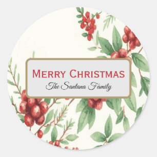 Watercolor Mistletoe Branches Personalized Merry C Classic Round Sticker