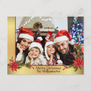 Watercolor Mistletoe Gold Frame Christmas Photo Holiday Postcard