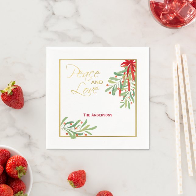 Watercolor Mistletoe & Gold | Personalised Holiday Napkin (Insitu)