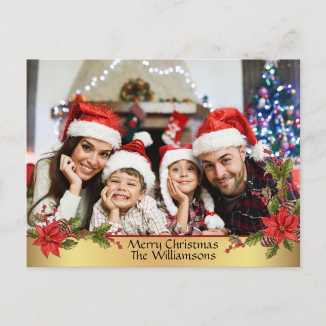 Watercolor Mistletoe Gold Ribbon Frame Photo Holiday Postcard (Front)