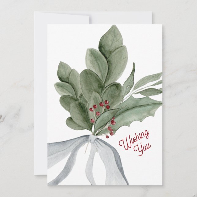Watercolor Mistletoe Greenery Personalised Holiday Card (Front)
