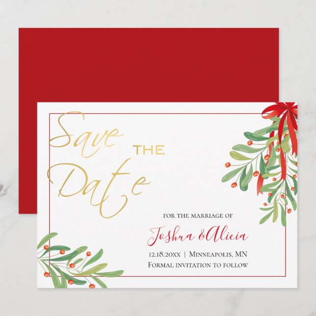 Watercolor Mistletoe | Holiday Wedding Save The Date (Front/Back)