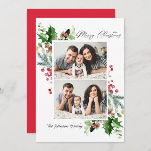 Watercolor Mistletoe Holly Berry Christmas 2 PHOTO Holiday Card