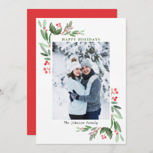 Watercolor Mistletoe Holly Berry Christmas PHOTO Holiday Card