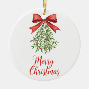 Watercolor Mistletoe Merry Christmas Ceramic Ornament