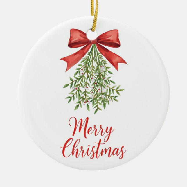 Watercolor Mistletoe Merry Christmas Ceramic Ornament (Front)