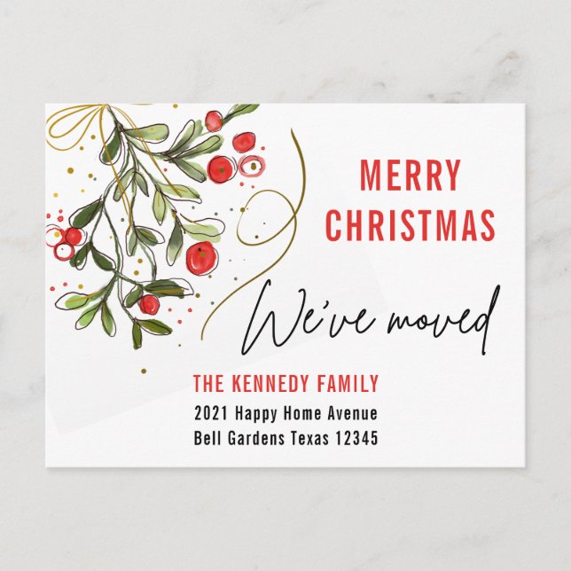 Watercolor Mistletoe Merry Christmas We've Moved Announcement Postcard (Front)