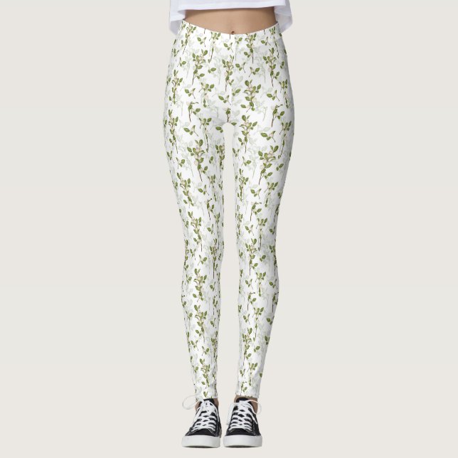 Watercolor Mistletoe Winter Plant Seamless Pattern Leggings (Front)