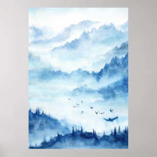 Watercolor Misty Mountain Landscape Fine Art Poster