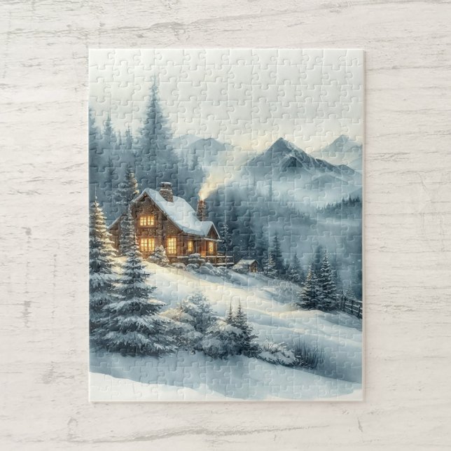 Watercolor Misty Mountains Cabin Winter Landscape Jigsaw Puzzle (Creator Uploaded)